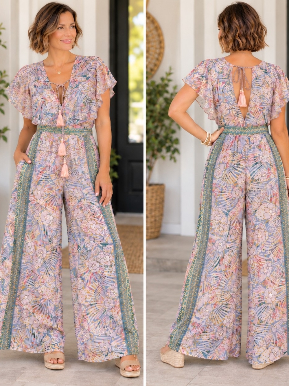 Floral Tie-Front Wide-Leg Jumpsuit - Pink Multi
